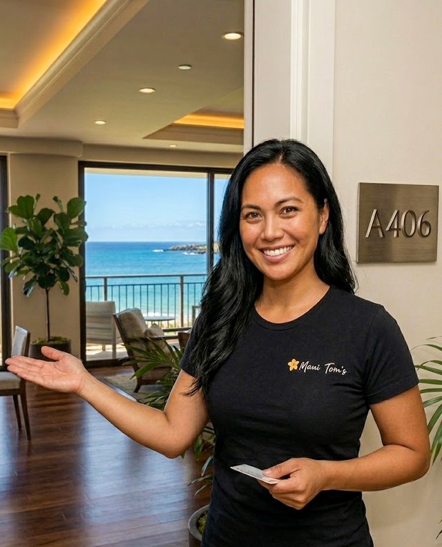A Maui Tom’s team member welcoming you to an oceanview rental