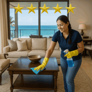 Professional cleaner polishing a coffee table in a luxury oceanfront vacation rental with five-star rating above her