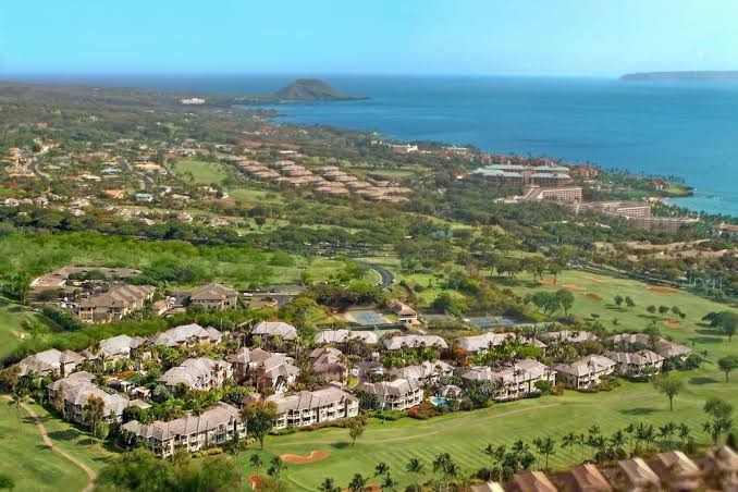 A coastal resort town with palm trees, green golf courses, and low-rise buildings along the shoreline by the ocean.