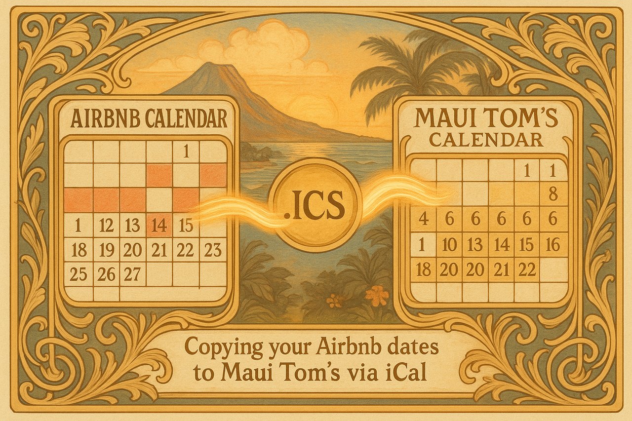 In an Art Nouveau scene framed by gold filigree and a Maui volcano, your Airbnb calendar’s booked dates drift on a glowing iCal ribbon into a Maui Tom’s calendar — we connect your calendar to ours for a beautifully hassle-free sync.