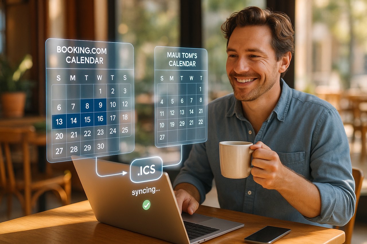 A relaxed host sips coffee while holographic Booking.com and Maui Tom’s calendars quietly sync over their laptop — because we connect your calendar to ours for a truly hassle-free experience.