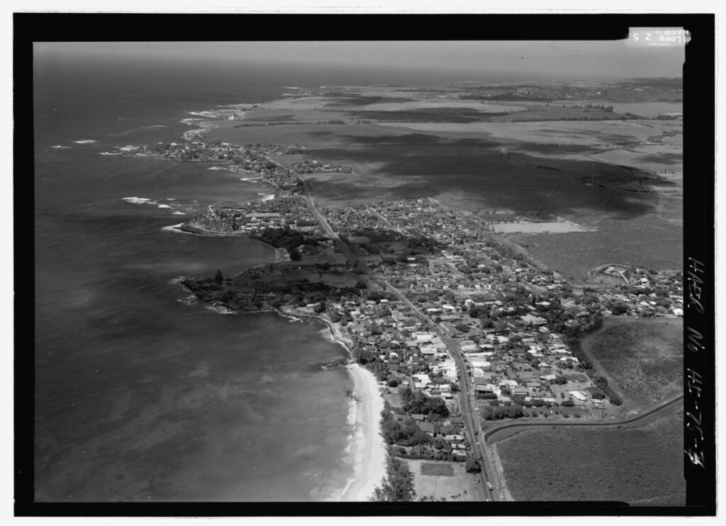 Aerial view, town of Pa'ia, Baldwin Beach in foreground - Hana Belt Road, Between Haiku and Kaipahulu, Hana, Maui County, HI HAER HI-75-3.tif — Baldwin Beach Park to Close in Phases July–November for Dune Restoration | Maui Tom's News