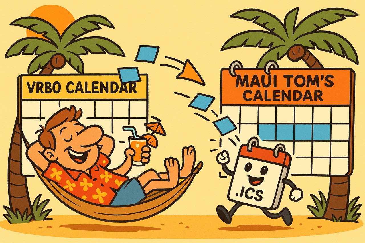 One date at a time? In this cartoon a frazzled host buries himself in paperwork copying Vrbo bookings by hand — the punchline is that we connect your calendar to ours via iCal, so syncing is hassle-free and the manual entry is over.