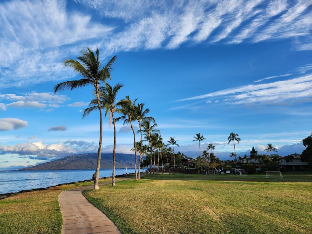 Free Kihei Concert Series Returns to Kalama Park This August and September - Maui Tom's Vacation Rental Cleaning & Maintenance Palm-lined coastal park with a winding pathway along the grassy shore, calm ocean to the left and distant mountains on the horizon under a bright blue sky.