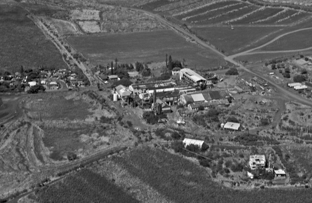 Aerial view of a rural industrial complex with silos, warehouses, and surrounding homes and fields in a grayscale landscape.