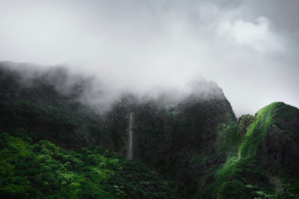 Mist-shrouded green mountain with a slender waterfall along a rocky cliff in foggy light.