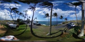Kapalua Restaurant Week Runs Oct. 26–Nov. 6 with Deals at 7 Spots - Maui Tom's Vacation Rental Cleaning & Maintenance - Maui Tom's Vacation Rental Cleaning & Maintenance Panoramic view of a coastal park with palm trees, parked cars, a boat on the left, and the ocean in the distance on a sunny day.